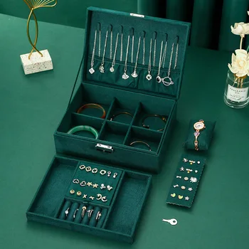 Кадифе ковчег за бижута в ретро стил с двухслойным заключване, кутия за съхранение на огърлици, часовници, обици, голямо голям кутия-органайзер