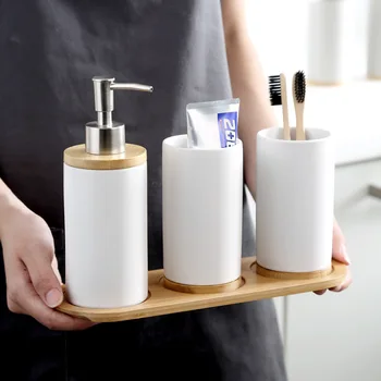 Керамични бамбук държач за четка за зъби, чаша, комплект аксесоари за баня, чаши, капацитет за емулсия за баня, контейнер за течност за миене на съдове