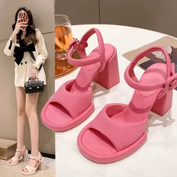 Класически розови сандали на дебелите обувки, дамски обувки, лятна нова мода обувки на висок ток, първокласни дамски сандали на висок ток
