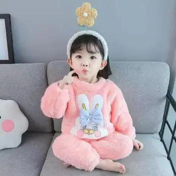 Комплект за детско домашен костюм за момичета, есента и зимата на корейското издание, дебели детски комплект пижам от коралов руно от две части