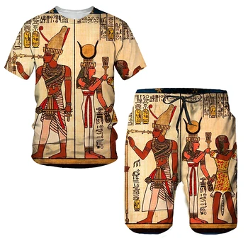 Летен мъжки комплект с тениска, Модни Шорти с къс ръкав, 2 броя, Спортен Костюм Оверсайз, Всекидневни Красив Уличен Костюм в Египетски Стил