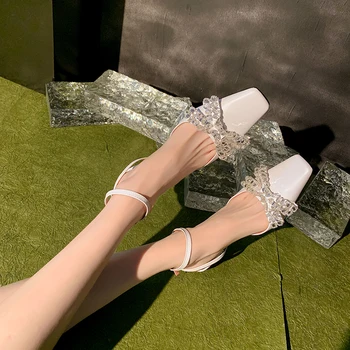 Летни бели сандали Дамски копринени сатен е квадратна главата планински кристал тънка каишка с катарама и сандали на висок ток с лък женски 