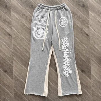 Лоскутные спортни панталони с принтом Hellstar, мъжки и женски сиви реколта панталони-клеш на съвсем малък за бягане