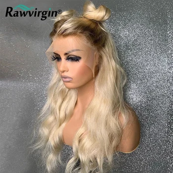 Меден blond 613 Цветна обемна вълна 13x4 перука на дантели от бразилския естествена човешка коса, перуки за жени, предварително выщипанные с тъмни корени на 180%
