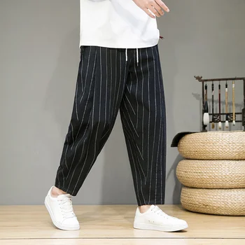 Мъжки летни зреещи в японски стил, трендови ежедневни панталони оверсайз в тънка ивица, мъжки панталони в стил харадзюку, градинска дрехи, облекло