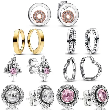 Нов сребърен двоен кръг от сребро 925 проба, маркова розова висулка във формата на сърце Legacy, обеци-халки с кристали за жени, идеи за подаръци, модни бижута