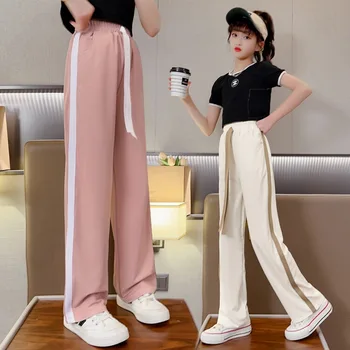 Нови готини летни ежедневни панталони с еластичен ластик на талията за по-големи момичета, корейски свободни панталони 3 цвята, училищни детски дрехи от 5 до 14 години
