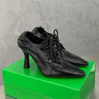 Нови европейски и американски дамски обувки с дантела, с остър пръсти на висок ток 2022 пролет и есен модерен секси нескользящие тънки обувки