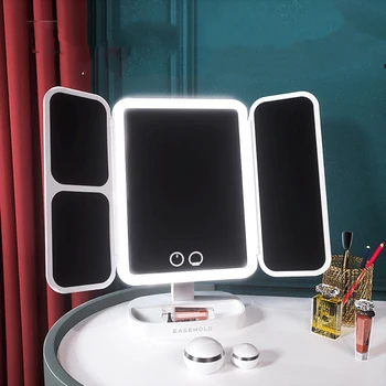 Огледало за грим със светлинна лампа за съхранение, десктоп въртящо се огледало с регулируем затъмняване, тоалетен огледало USB