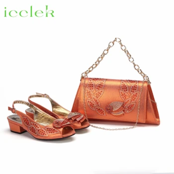 Оранжеви дамски сандали 2023, луксозни булчински обувки-лодки на ниски токчета, дизайн с кристали, комплект вечерни обувки и чанти