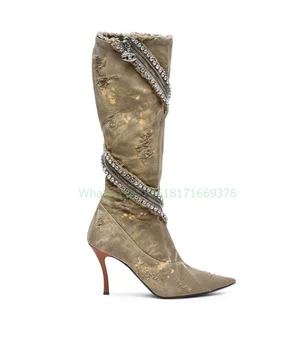 Пикантни обувки с остри пръсти с цип, украсени с кристали, дамски обувки на висок ток-висок ток, които са украсени с кристали, кафяви дизайнерски улични дамски обувки