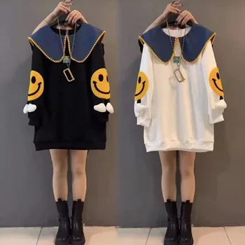 Пролетно-есенен нов пуловер с яка кукла за момичета 2022, корейската версия за тийнейджъри, свободна тениска със средна дължина, с дълги ръкави
