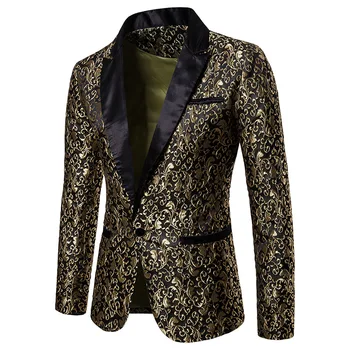 Разкошен златен жаккардовый мъжки костюм, модерен бизнес мъжки блейзери на една пуговице, рокля с цветен модел, сватбена яке за младоженеца, палто