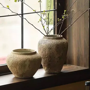 Ретро-ностальгическая ваза от груба глина, поставяне на сухи цветя, декоративни растения за декорация в китайски стил, керамика Цзиндэчжэнь