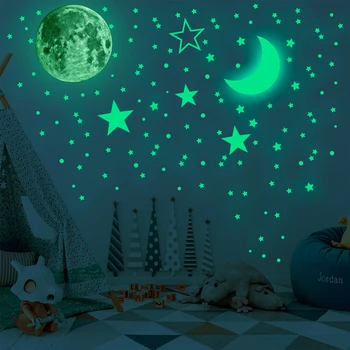 Светещи зелени и сини светлини, звезди, стикери за стена, светещи в тъмното, бебешки аксесоари, декорация на детската стая, еко етикети на стени със собствените си ръце