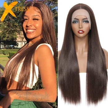 Синтетични перука на дантели отпред за черни жени светло кафяв цвят, перука с дълга права коса цвят яки, средната част, термостойкое влакна X-TRESS