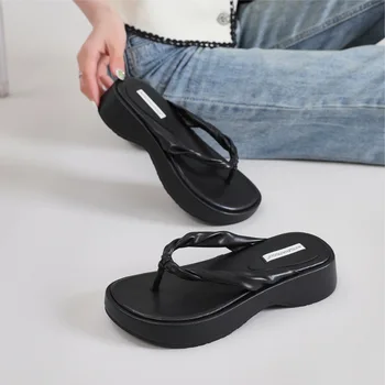 Черни джапанки, дамски сандали, луксозен марка 2023, нови летни плажни ежедневни модни дамски чехли на дебела подметка